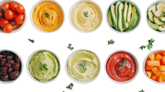 Vibrant Veggie Dips: A colorful arrangement of hummus and other dip varieties, perfect for a healthy and appetizing snack or party platter. Each dip is accompanied by a corresponding fresh veggie.