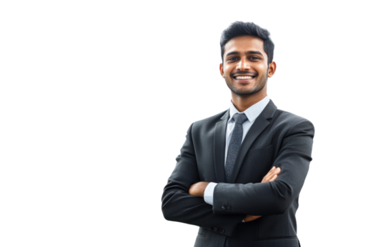 Confident Indian professional with city skyline in background,isolated on transparent and white background.PNG image