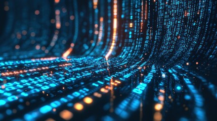 A glowing digital interface with streams of binary code and abstract data points, symbolizing data flow and technology