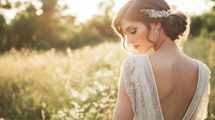 A bride in a vintage-inspired flapper-style wedding dress, roaring twenties themed wedding