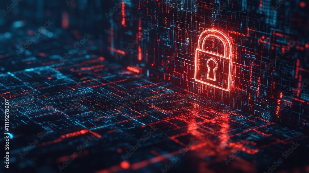 Poster a glowing lock symbol on a digital screen, representing cybersecurity and data protection in the onl