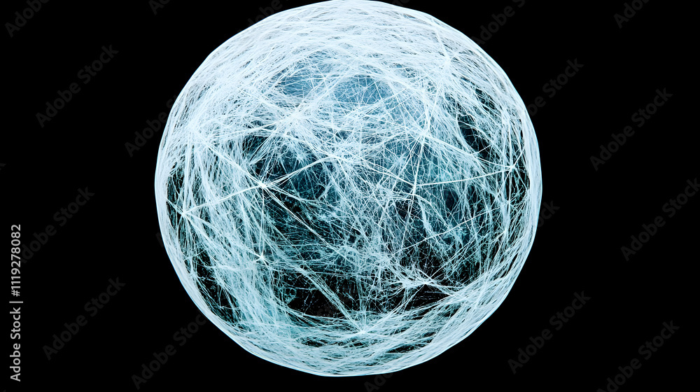 Poster abstract icy sphere with intricate web-like texture.