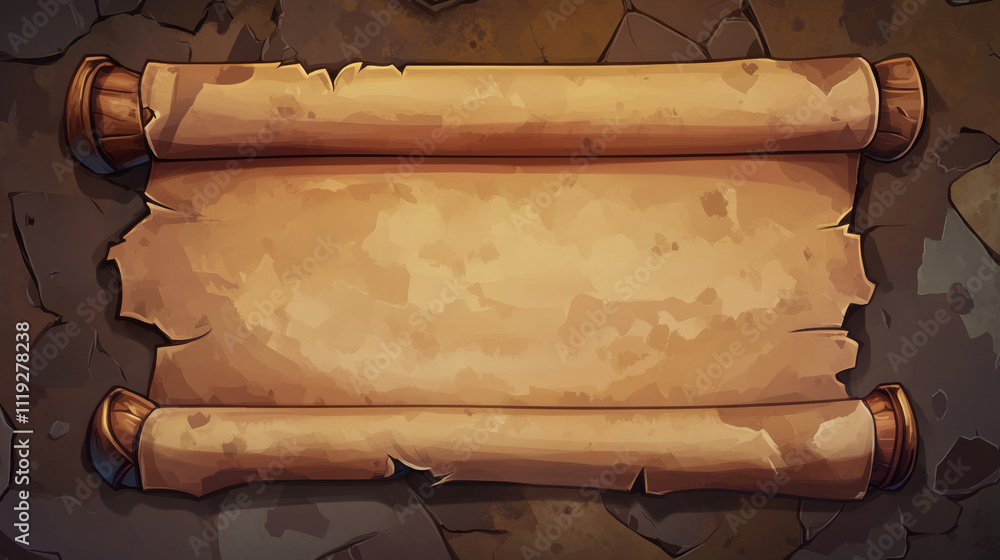 Poster parchment scroll for game ui design. cartoon vector illustration set of rolled empty old papyrus fra