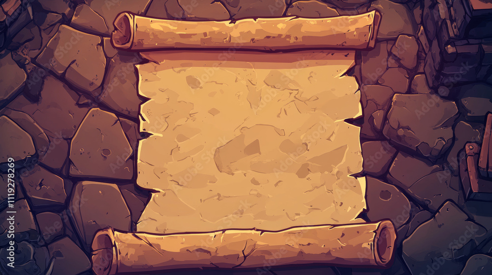 Poster parchment scroll for game ui design. cartoon vector illustration set of rolled empty old papyrus fra