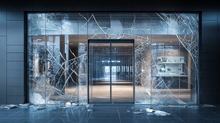 Broken glass entrance to store or museum. Transparent closed large door and showcase with holes and cracks. Realistic mockup of front entry with windows to supermarket or office. Crashed mall facade.