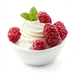 Delicious vanilla yogurt topped with fresh raspberries and mint garnish.