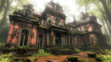 Obraz premium Photos of abandoned,ghostly buildings standing in the woods. AI generative.