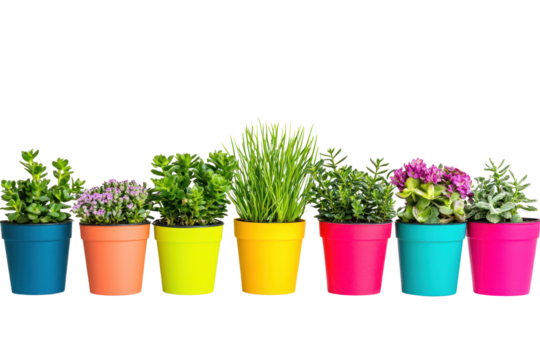 Plants in colorful pots, brightening up living spaces with vibrant hues, isolated on transparent and white background.PNG image	 - Powered by Adobe