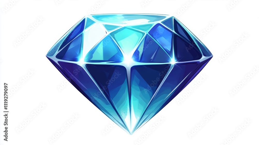 Poster blue diamond icon with sharp edges and glossy texture on white background, luxury and precision conc