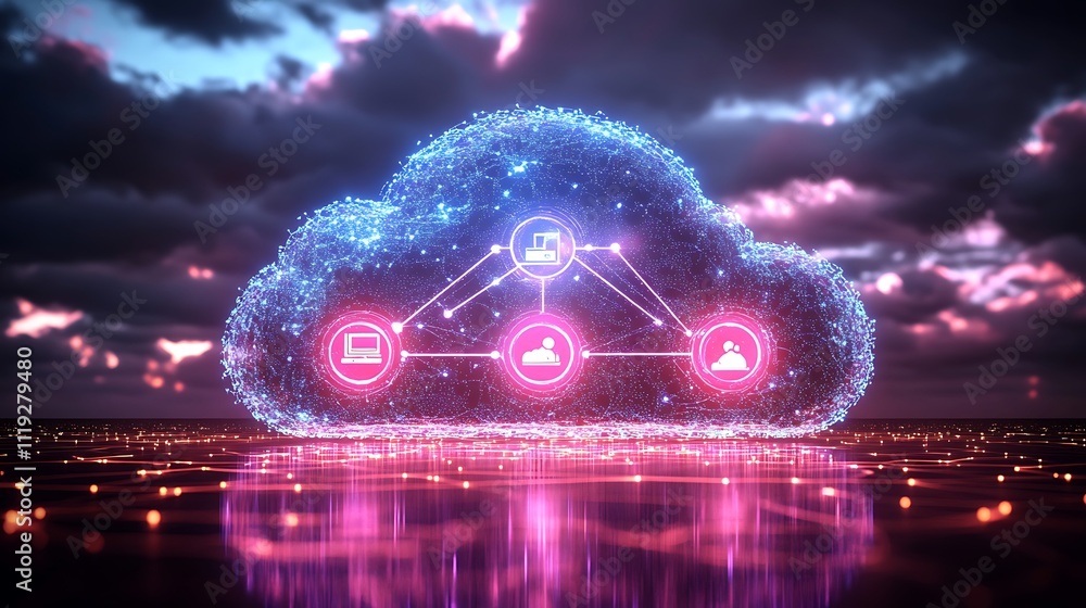 Poster glowing cloud computing network concept.