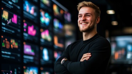 Fototapeta premium A game developer stands in front of a giant digital screen with colorful game graphics and UI elements, showing off new game features with a confident smile.