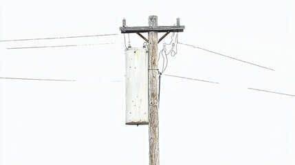 Wooden utility pole with transformer against a white sky.