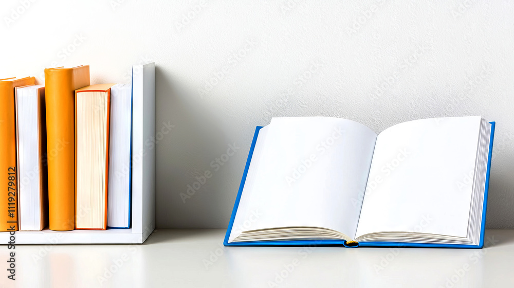 Poster a minimalist scene featuring a stack of books beside an open blank notebook on a clean surface, emph