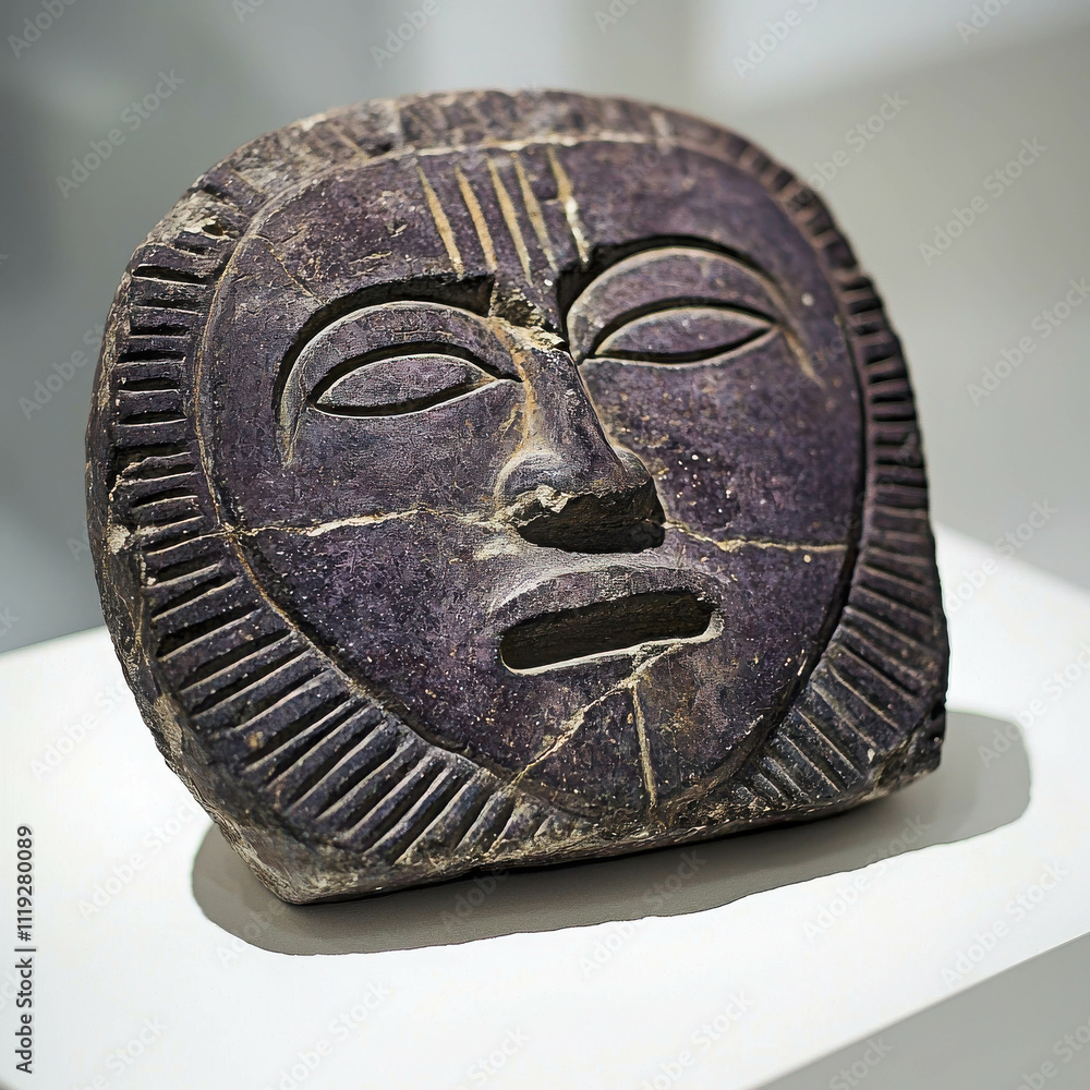 Poster ancient stone carving of a human face with geometric patterns and expressions