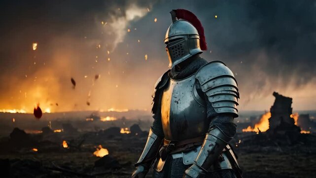 A knight in armor on the battlefield in the evening, after the battle