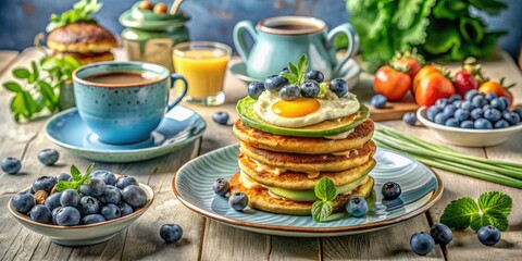 Long Exposure Cottagecore Brunch: Watercolor Blueberry Pancakes, Avocado Toast, Croissant & Coffee