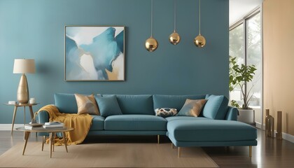 A modern living room with a teal blue sectional sofa, gold pendant lights, and a large abstract painting on the wall.