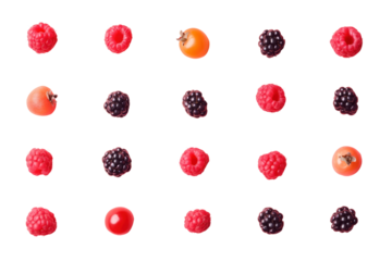 Berry and Cherry Grid: A vibrant grid of ripe raspberries, blackberries and yellow cherry tomatoes creates a delightful and  fruitful composition.