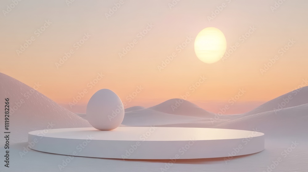 Poster surreal desert landscape with white circular platform and sun in the sky generative ai