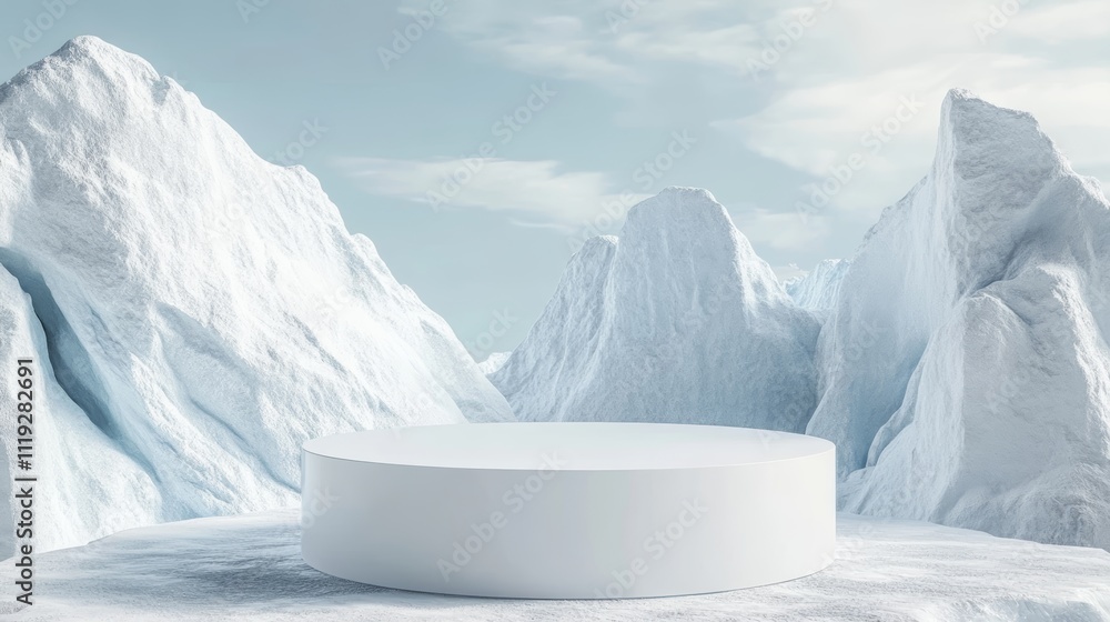 Poster Minimalist Product Display on a White Circular Podium with Ice Landscape Background Generative AI