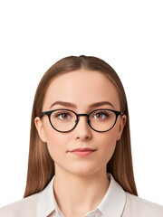 Fototapeta premium Young woman in glasses, serious yet friendly expression, direct eye contact, neutral background.