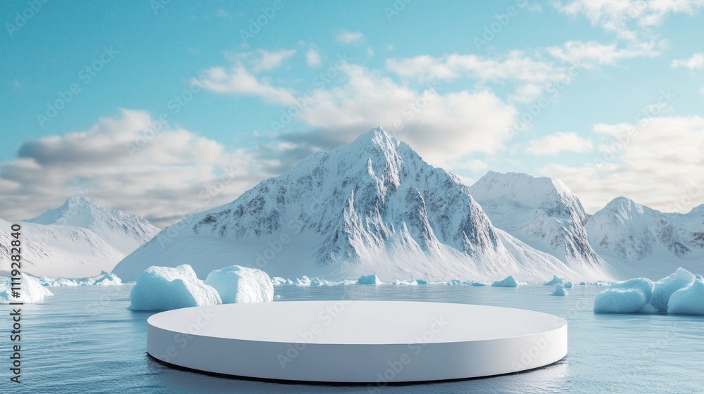 Poster simple product presentation display mockup on a white circular podium with polar landscape backgroun