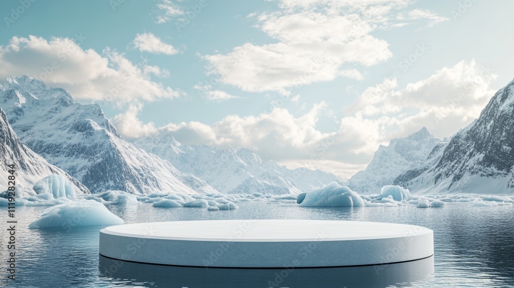 Poster minimalist stage design with icebergs and snow mountains generative ai