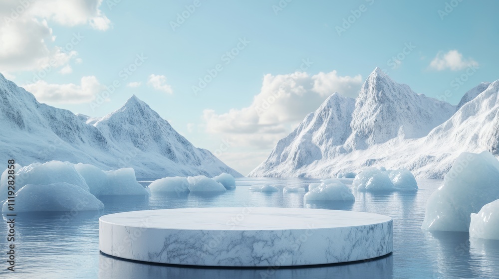 Poster minimalist stage design with icebergs and snow mountains generative ai