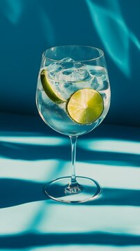 A chilled gin and tonic with lime wedges, on a gradient blue background