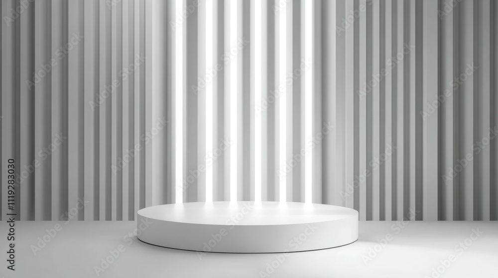 Poster white podium with white light and vertical lines background for product presentation generative ai