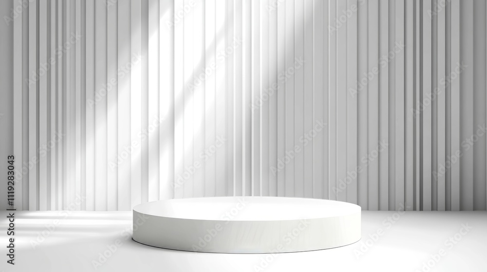 Poster white podium with white light and vertical lines background for product presentation generative ai