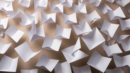 An abstract arrangement of crumpled white paper sheets in a floating appearance on a soft beige background, creating a dynamic and creative visual.