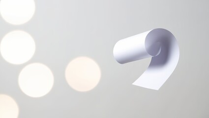 A gracefully curled white paper against a soft gray background with blurred lights, creating an elegant and minimalist ambiance.