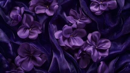 The image shows several purple flowers arranged on a dark, silky fabric. The flowers have a rich, vibrant purple color and appear to be made of a soft material, possibly fabric or silk.