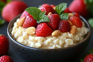 A close-up of a bowl of overnight oats topped with fruits and nuts