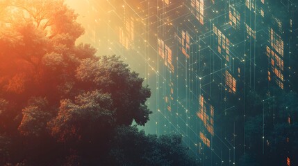 This image contrasts nature and technology. On the left, there's a large tree with dense foliage, bathed in sunlight. On the right, a futuristic cityscape.