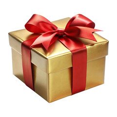Obraz premium 3d Golden gift box with red ribbon bow isolated on transparent background, PNG, Cutout