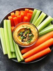 A detailed image of a healthy snack plate with hummus, carrots, and celery