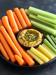 A detailed image of a healthy snack plate with hummus, carrots, and celery