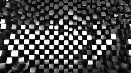 A technical design featuring a 3D black hexagonal background