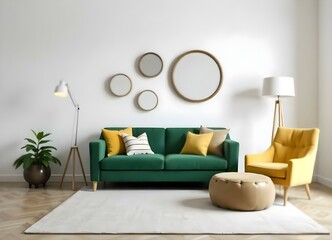 A modern living room with a green sofa, yellow accent pillows, round mirrors on the wall, and a floor lamp.