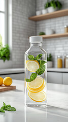 Minimalist kitchen with a glass bottle of lemon-infused water and fresh lemons