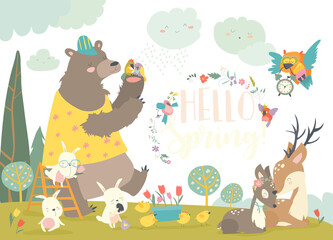 Cute animals meeting spring in the forest. Vector illustration