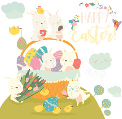 Easter bunnies and easter egg. Vector illustration