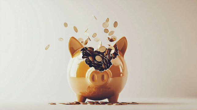 Broken piggy bank with coins scattered around, symbolizing financial struggle and the need for careful budgeting and saving.