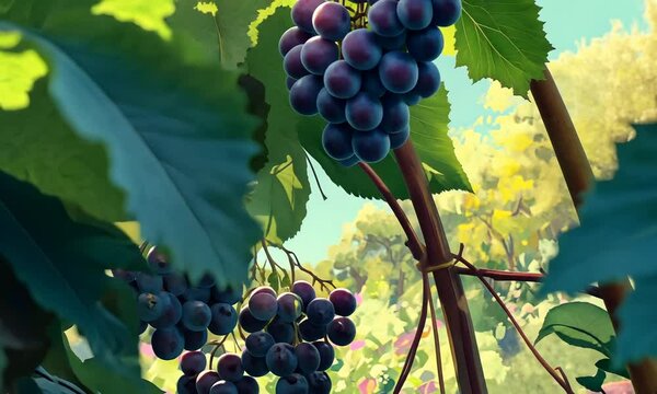 Lush bunches of ripe dark grapes hanging from a vine in a sunny vineyard.