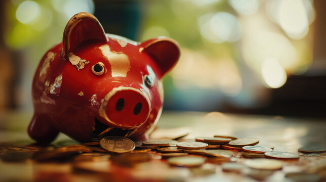 Broken piggy bank with coins scattered around, symbolizing financial struggle and the need for careful budgeting and saving.