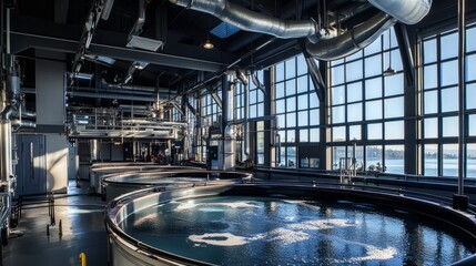Aquaculture facility with large tanks containing various species of fish, sustainable farming practices, and advanced technology for water quality monitoring and feeding systems.