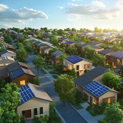 Aerial view of a sustainable neighborhood featuring solar panels on homes.