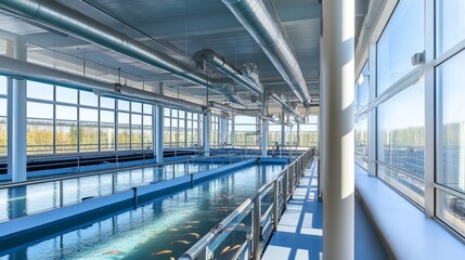 Aquaculture facility with large tanks containing various species of fish, sustainable farming practices, and advanced technology for water quality monitoring and feeding systems.